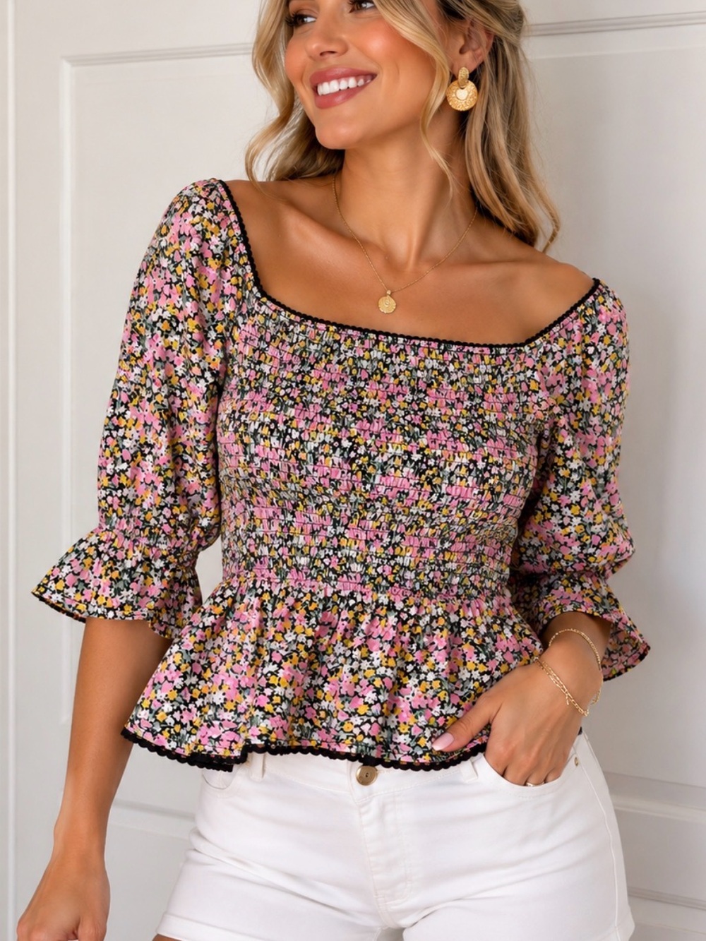 New Look Pink Floral Smocked Square-Neck Top - Picture 3 of 13
